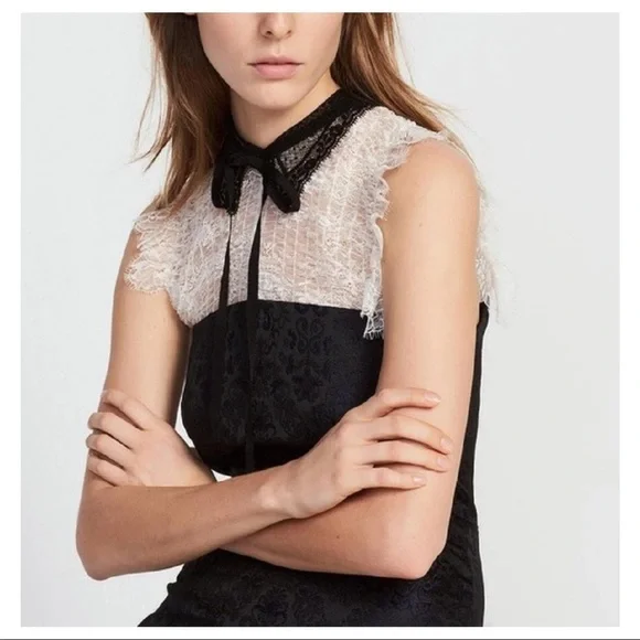 Sandro Flavia Dress Black White Eyelash Lace Flare Brocade - Picture 6 of 15